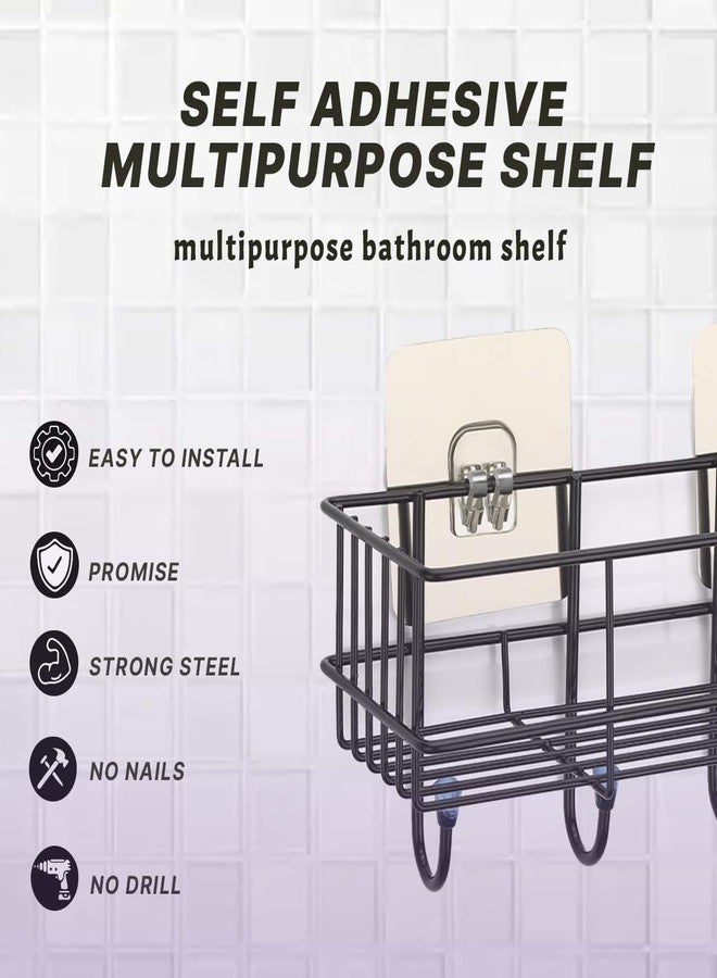 KRUDA Bathroom Rack for Shampoo Organizer with Shelf Adhesive Set of 2 Bathroom Shelf Rack with 4 Hooks Wall Storage Organizer Metal Rack for Bathroom, Black(1 Self with Hook, 1 self Without Hook) - Image 3